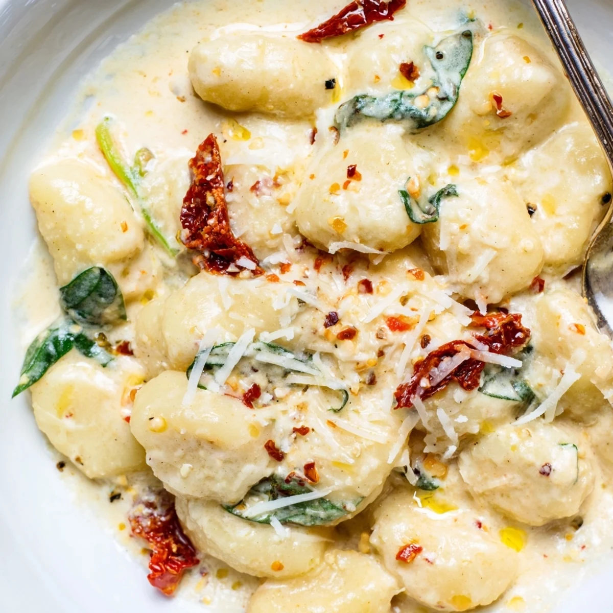 Creamy Marry Me Gnocchi glistening with sun-dried tomatoes and melted Parmesan