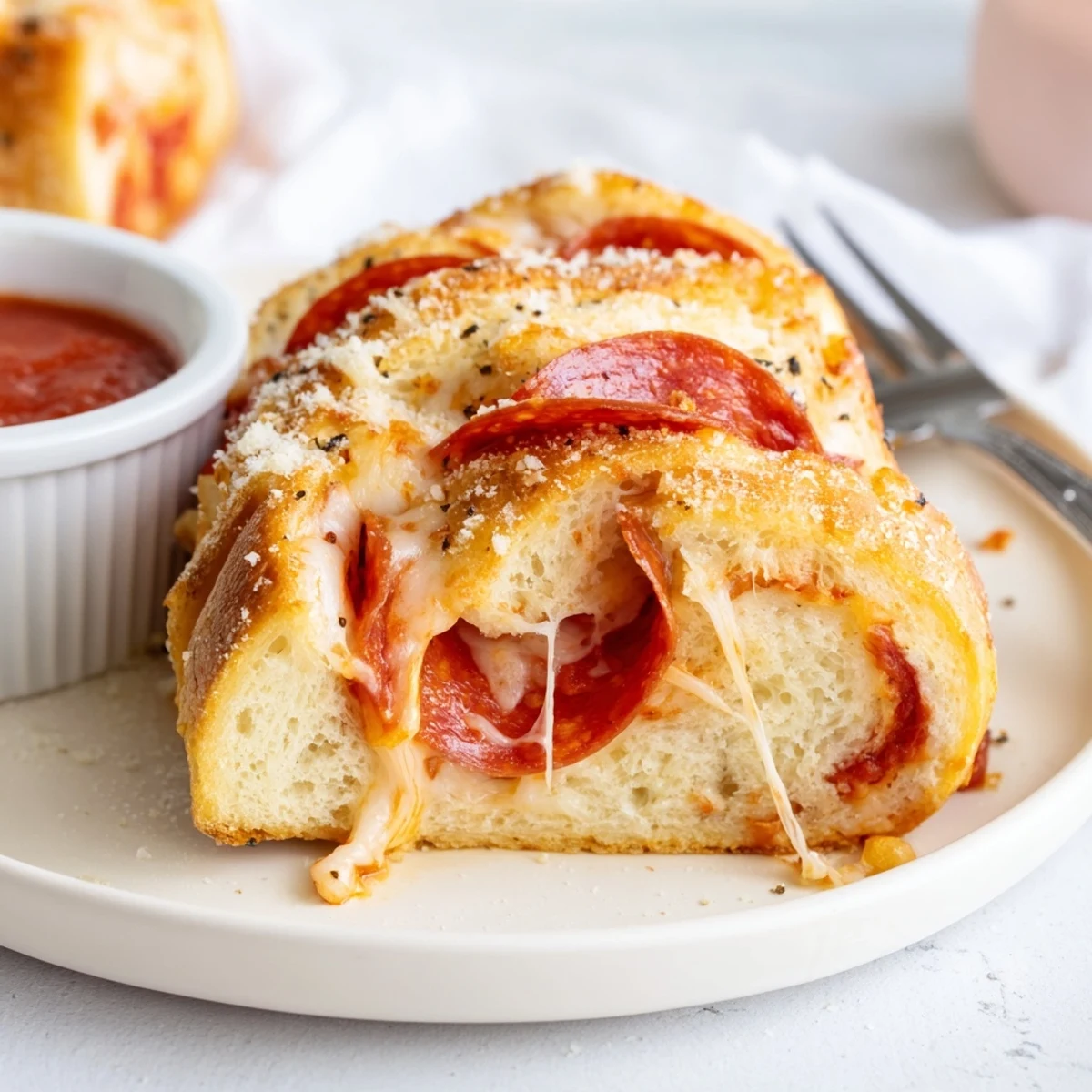 Warm Pepperoni Pizza Roll Breadsticks Recipe with gooey mozzarella and herb butter