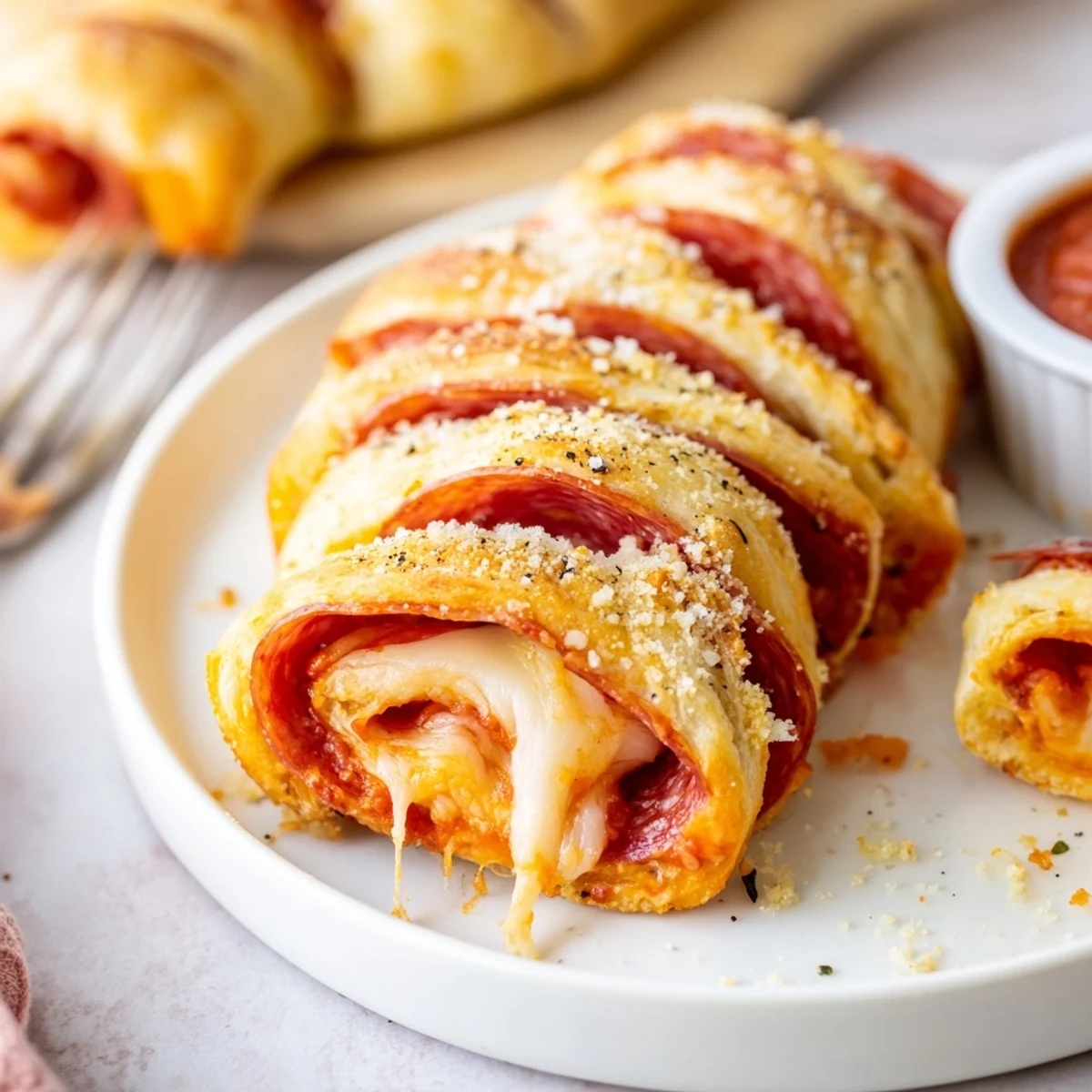 Golden oven baked Pepperoni Pizza Roll Breadsticks Recipe served with bubbling marinara dip