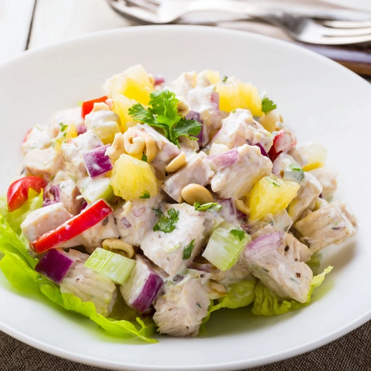 Bright Hawaiian Chicken Salad Recipe tossed with crisp celery, grapes, toasted macadamias