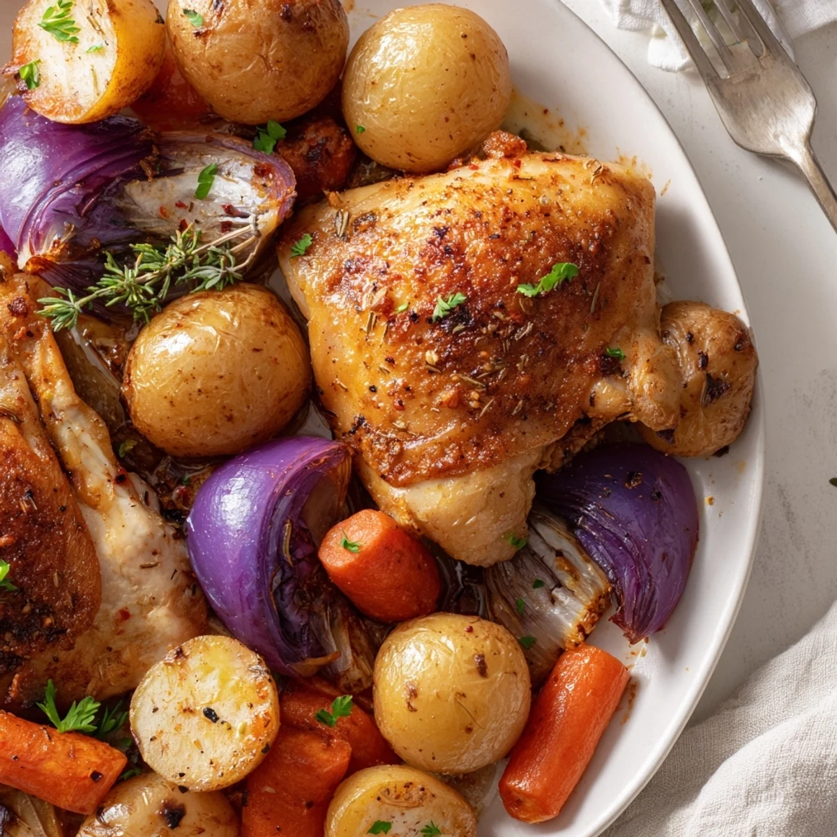 Sheet Pan Chicken And Potatoes with golden, crispy skin and fragrant rosemary vegetables