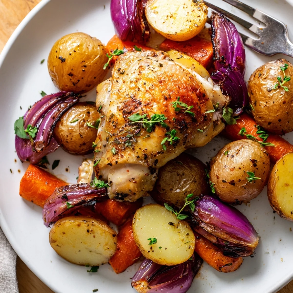 Sheet Pan Chicken And Potatoes served hot, juicy thighs with garlic and parsley