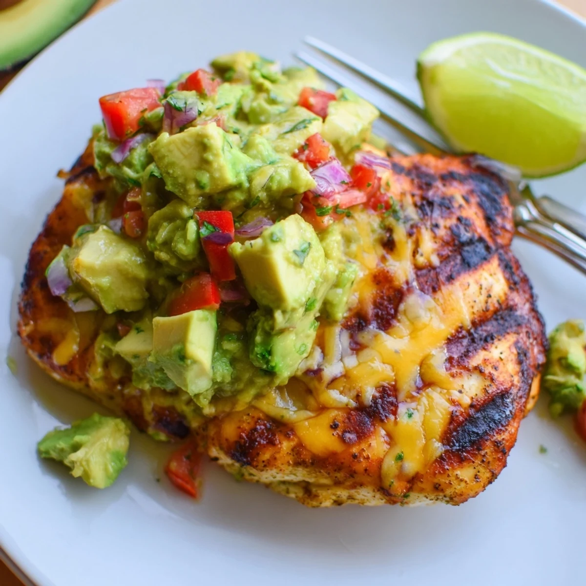 Fiesta Lime Chicken With Avocado on grilled plate, zesty lime aroma, creamy avocado