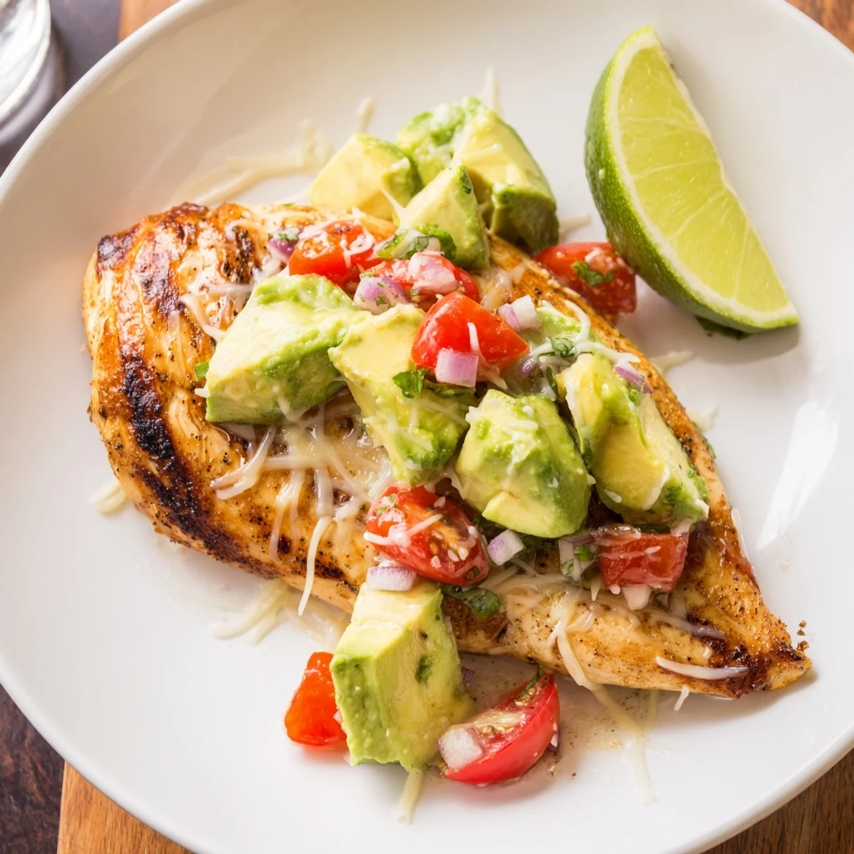 Sliced Fiesta Lime Chicken With Avocado topped with melted cheese and fresh cilantro