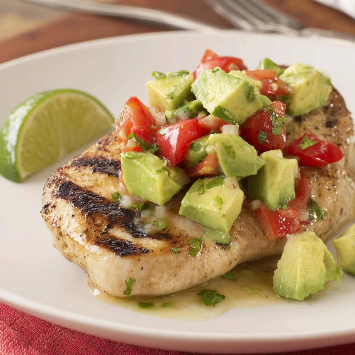 Weeknight Fiesta Lime Chicken With Avocado served with lime wedges and colorful salsa