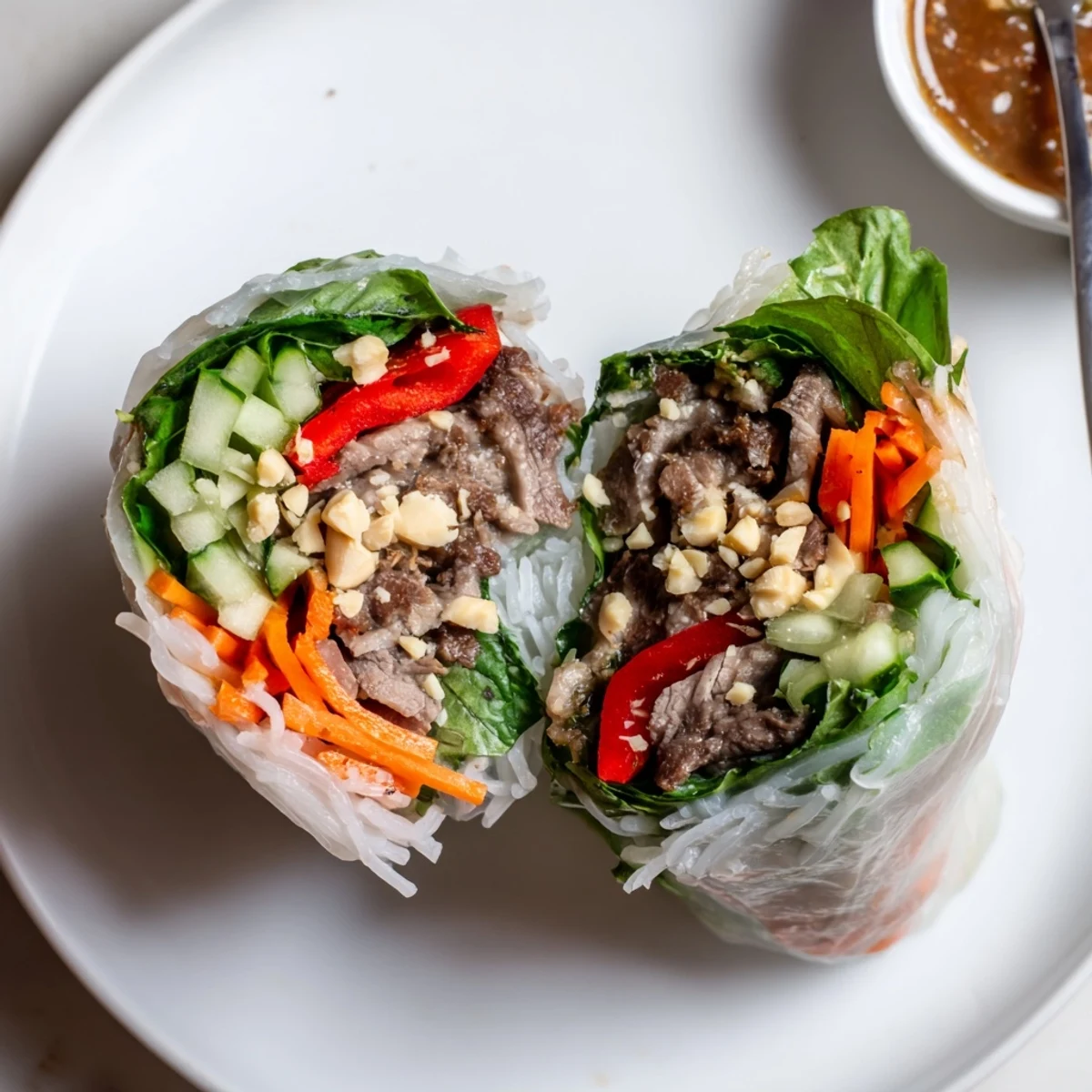 Thai Basil Beef Rolls piled on plate, juicy meat and glistening sauce.