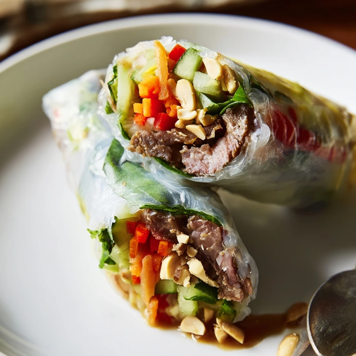 Warm Thai Basil Beef Rolls wrapped in translucent rice paper, fragrant basil.