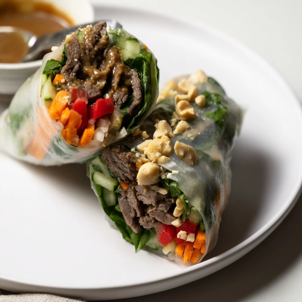 Sliced Thai Basil Beef Rolls served with chunky peanut dipping sauce and lime.