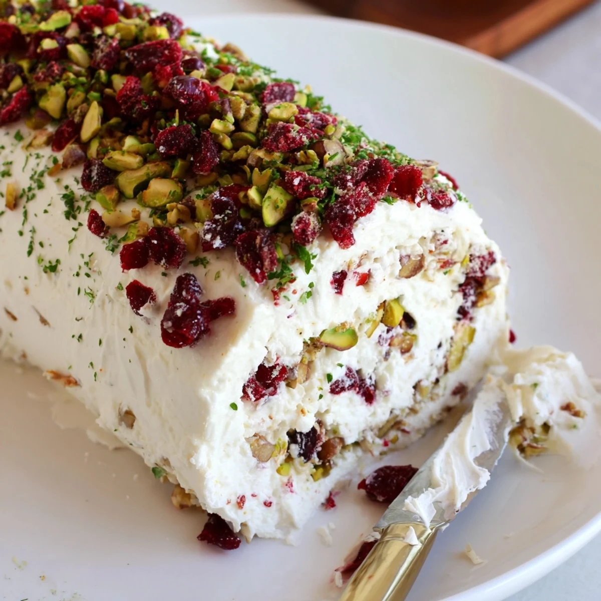 Cranberry Pistachio Cheese Log on wooden board, creamy, studded with nuts  
