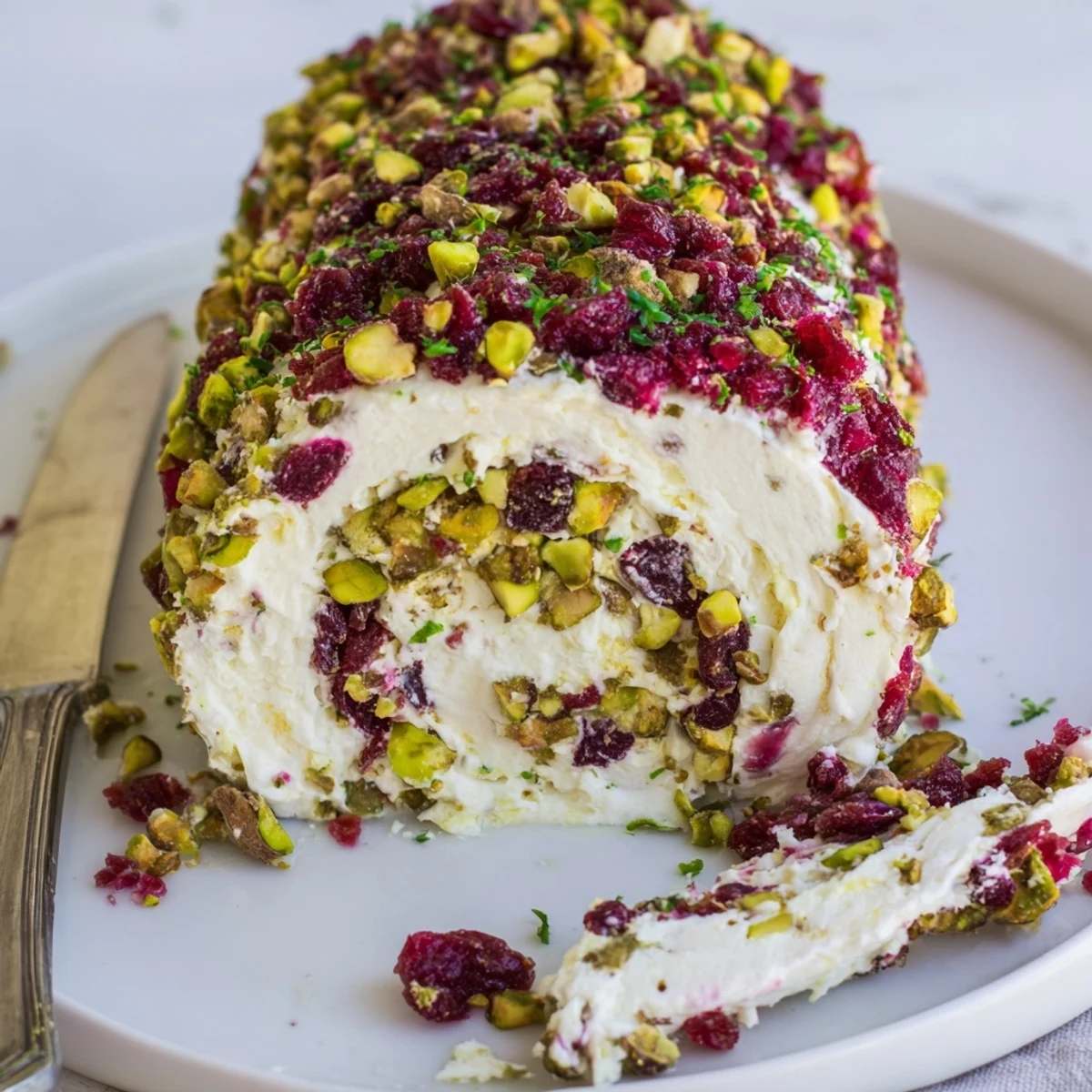 Sliced Cranberry Pistachio Cheese Log beside crackers, tart cranberries and crunchy pistachios  