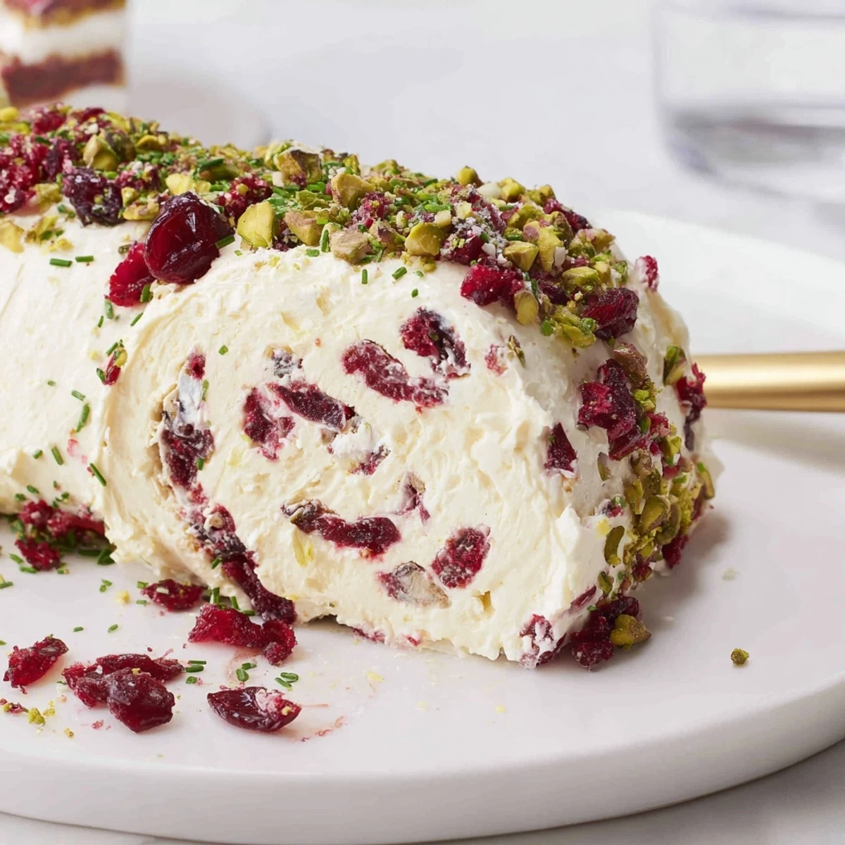 Chilled Cranberry Pistachio Cheese Log rolled in herbs and chopped pistachios