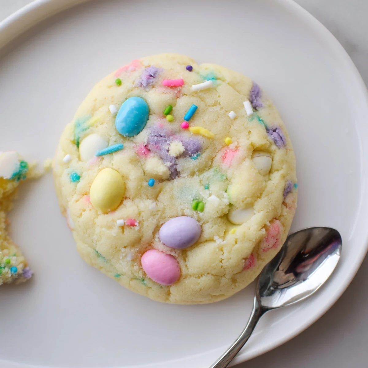 Easter Funfetti Cookies cooling on a rack, soft centers and pastel sprinkles.