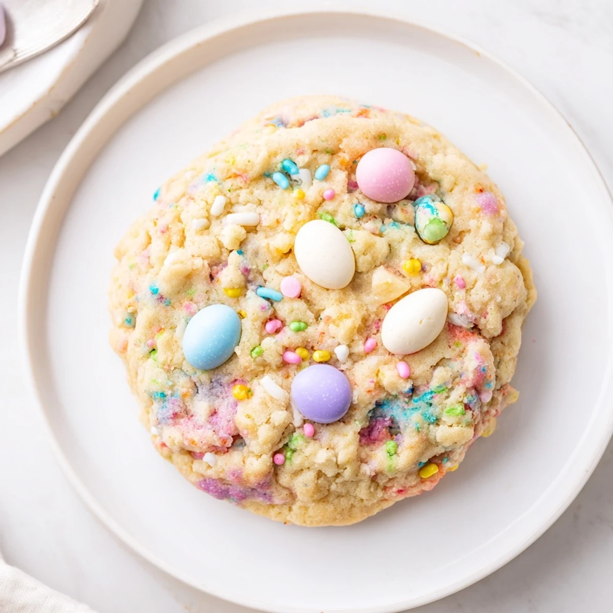 Warm Easter Funfetti Cookies fresh from oven, buttery aroma and colorful candies.