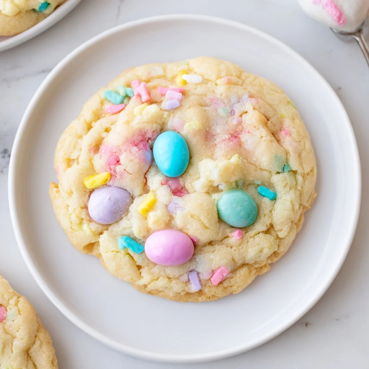 A plate of Easter Funfetti Cookies with milk, chewy texture and bright sprinkles.