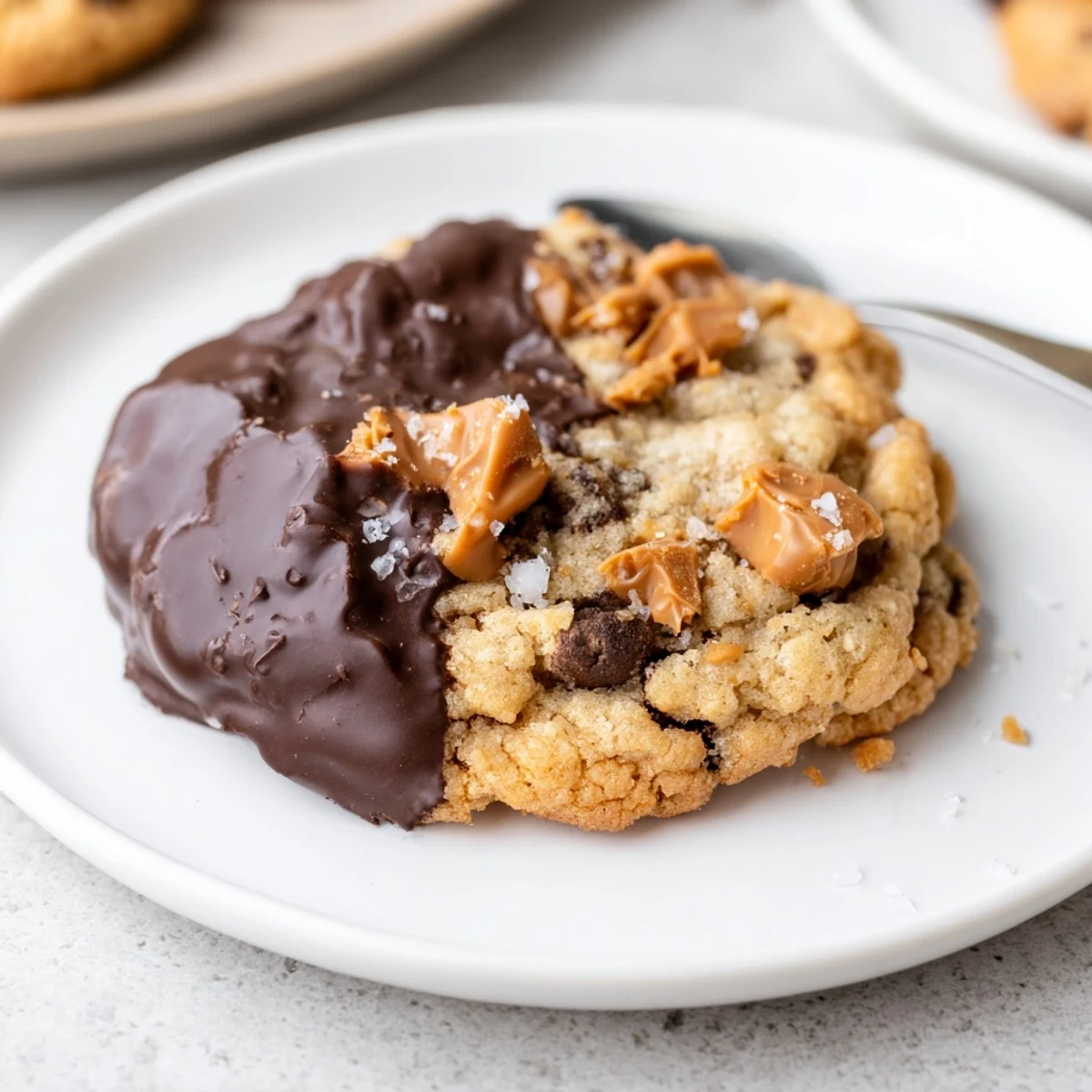 Chocolate Dipped Toffee Cookies on parchment, glossy chocolate coating and toffee crunch.