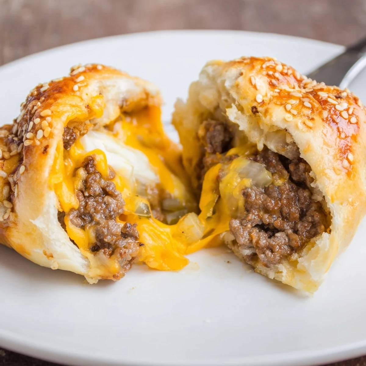 Golden biscuit-wrapped Cheesy Cheeseburger Bombs Explosion Recipe, oozing melted cheddar inside