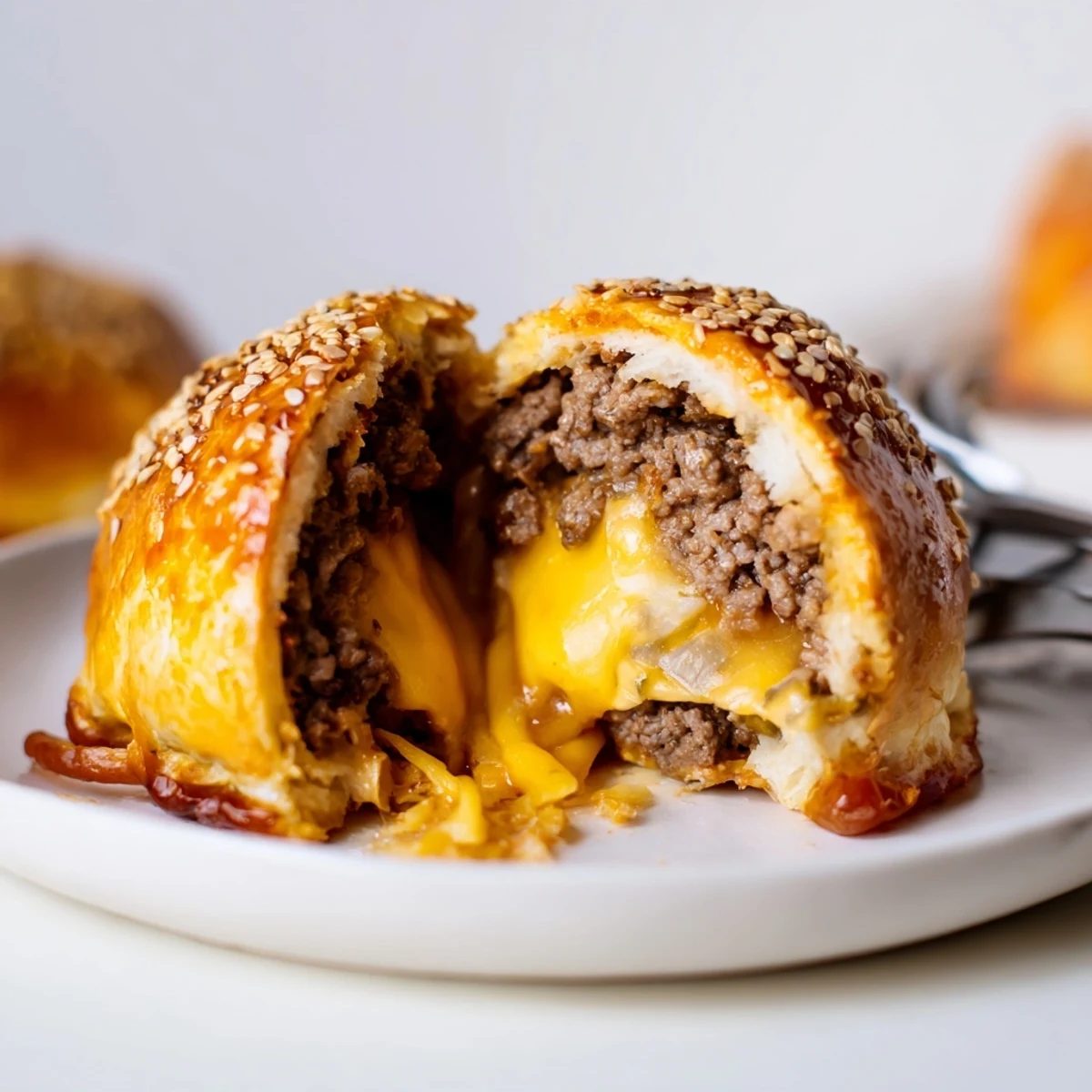 Hands pulling apart Cheesy Cheeseburger Bombs Explosion Recipe, gooey mozzarella stretching
