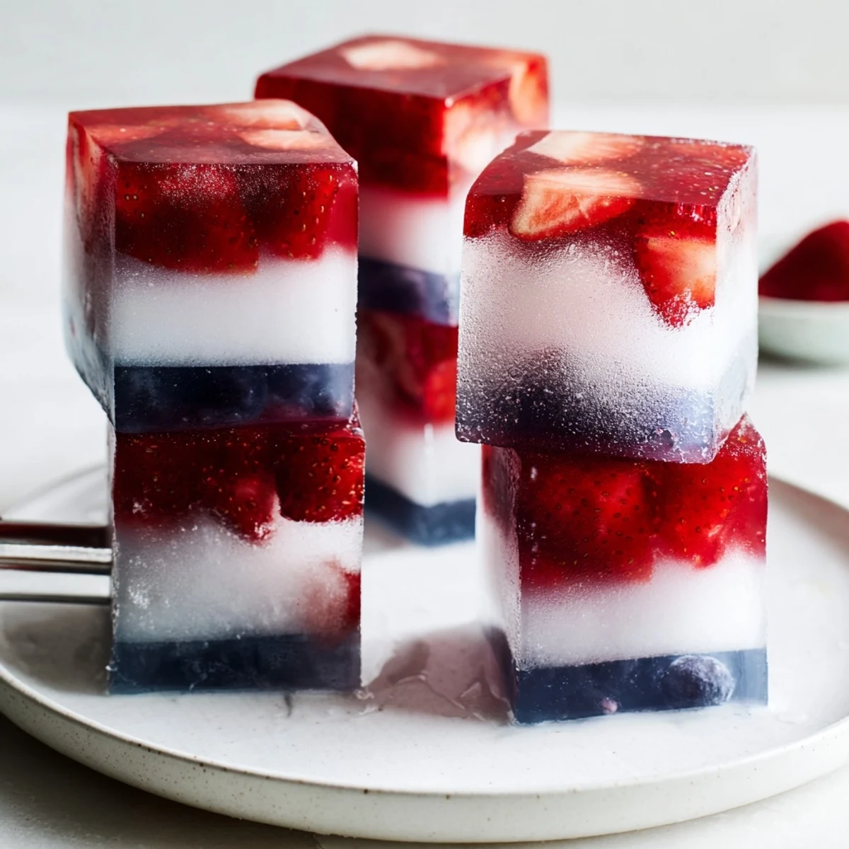 Patriotic Red White And Blue Ice Cubes Recipe with juicy strawberries and coconut