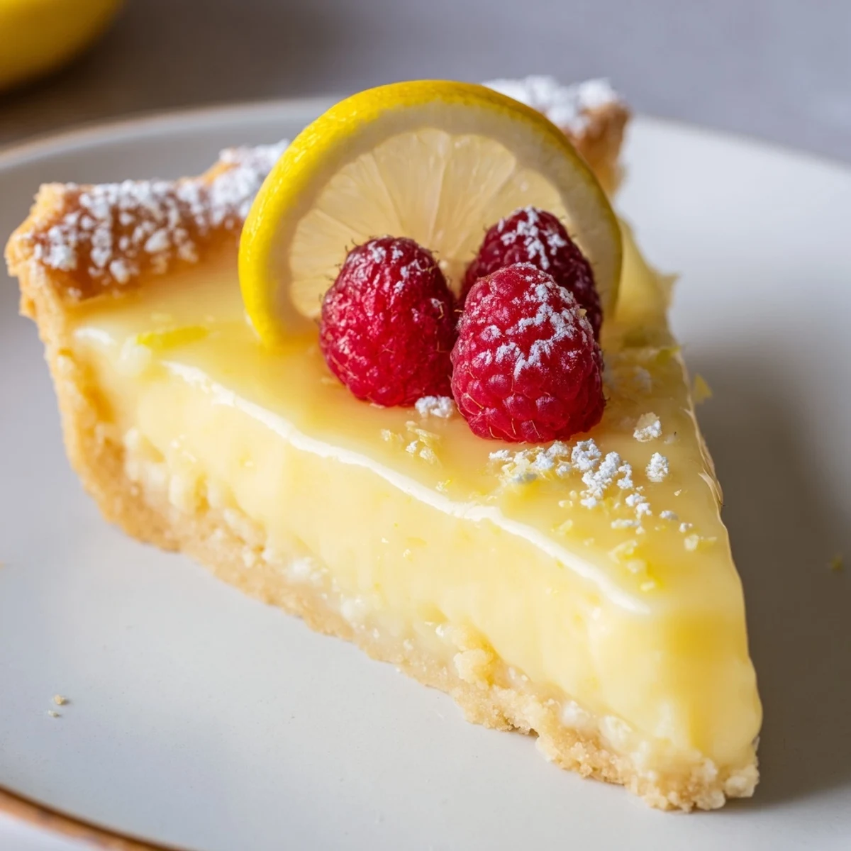 Creamy Lemon Tart Recipe showing velvety filling, crisp buttery crust, powdered sugar dusting