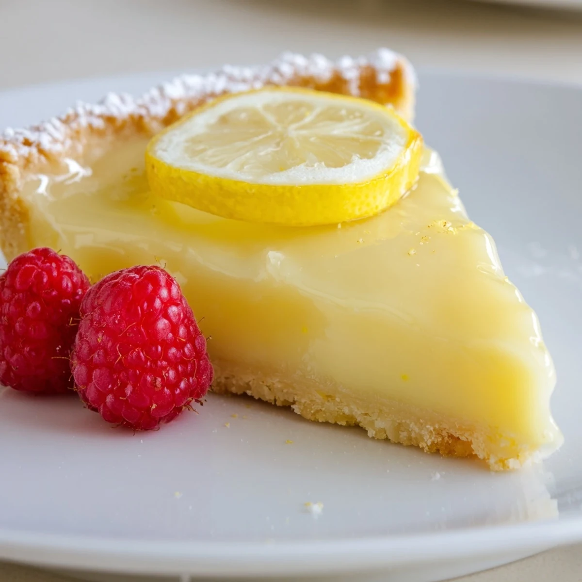 Sliced Creamy Lemon Tart Recipe on plate, bright citrus aroma, chilled