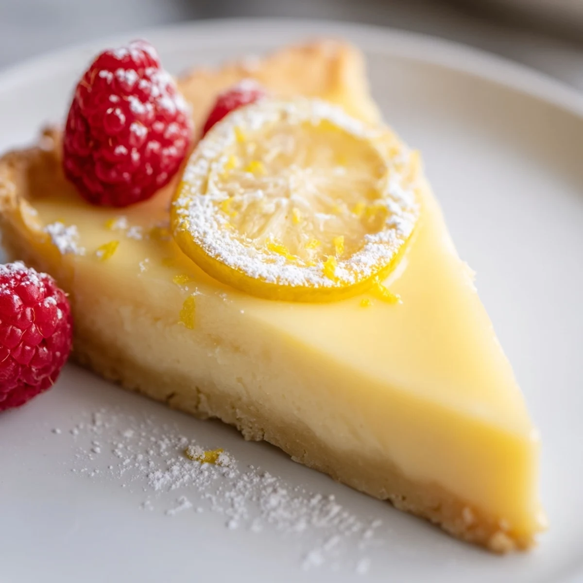 Homemade Creamy Lemon Tart Recipe garnished with berries, tangy, smooth finish