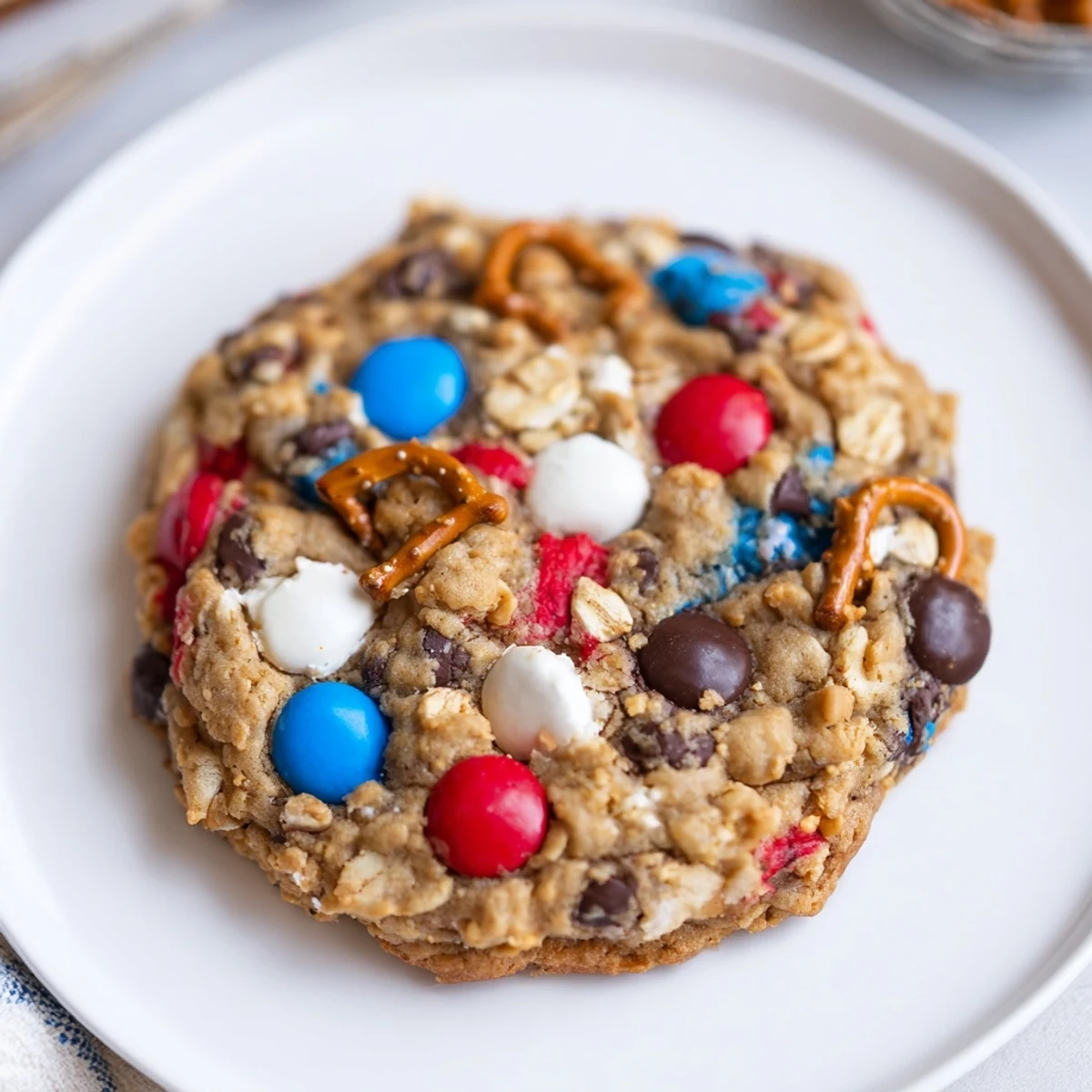 Freshly baked Patriotic Monster Cookies Recipe on parchment, edges golden, centers soft.