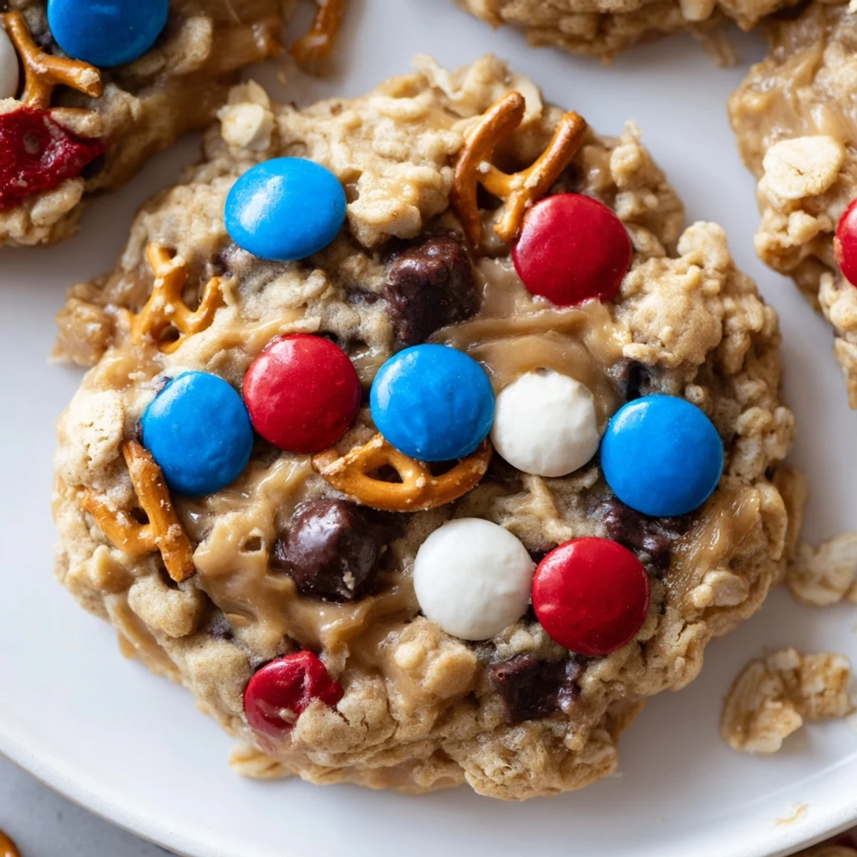 Warm Patriotic Monster Cookies Recipe showing chewy peanut butter, chocolate, colorful candies.