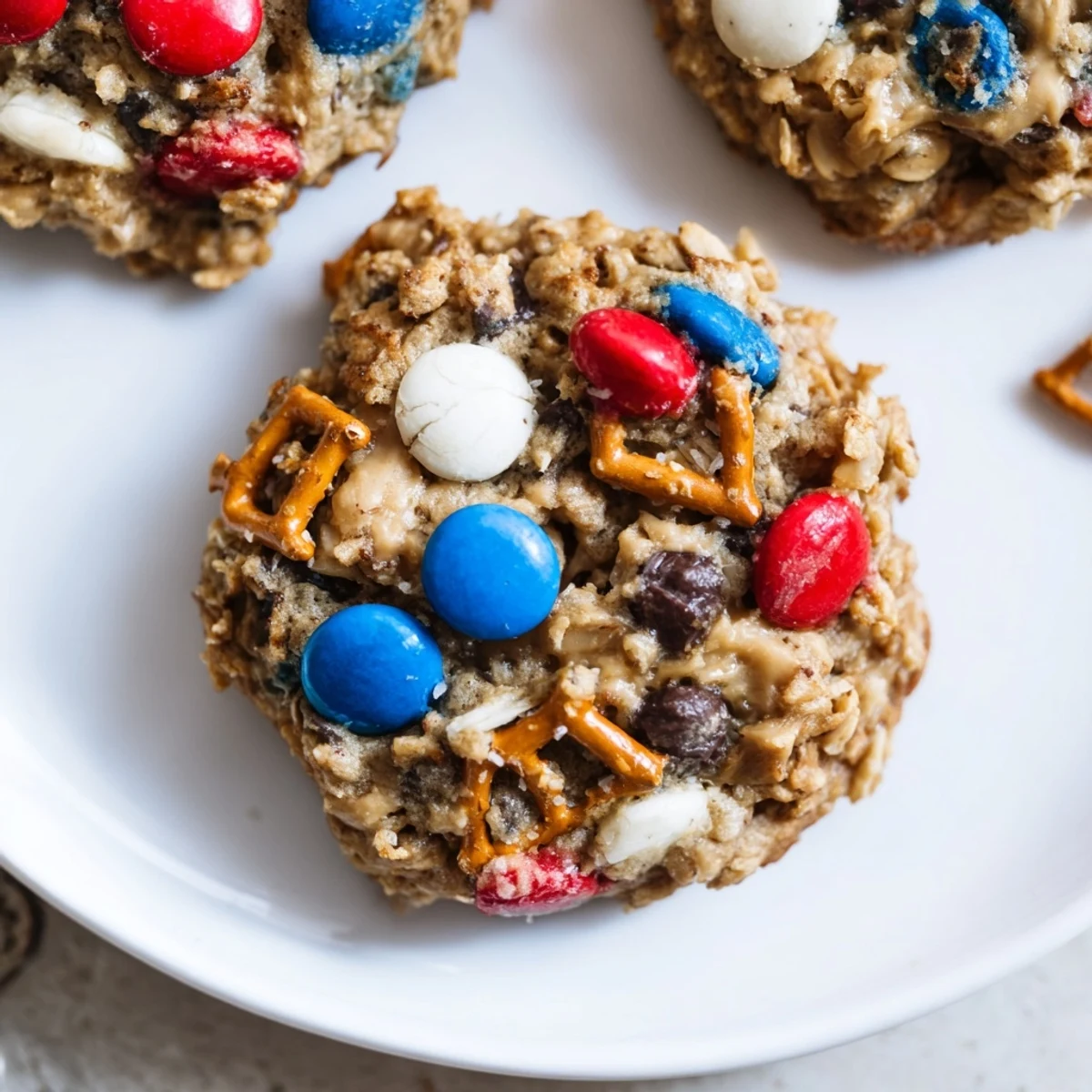 Patriotic Monster Cookies Recipe stacked on platter, ideal for Fourth of July.