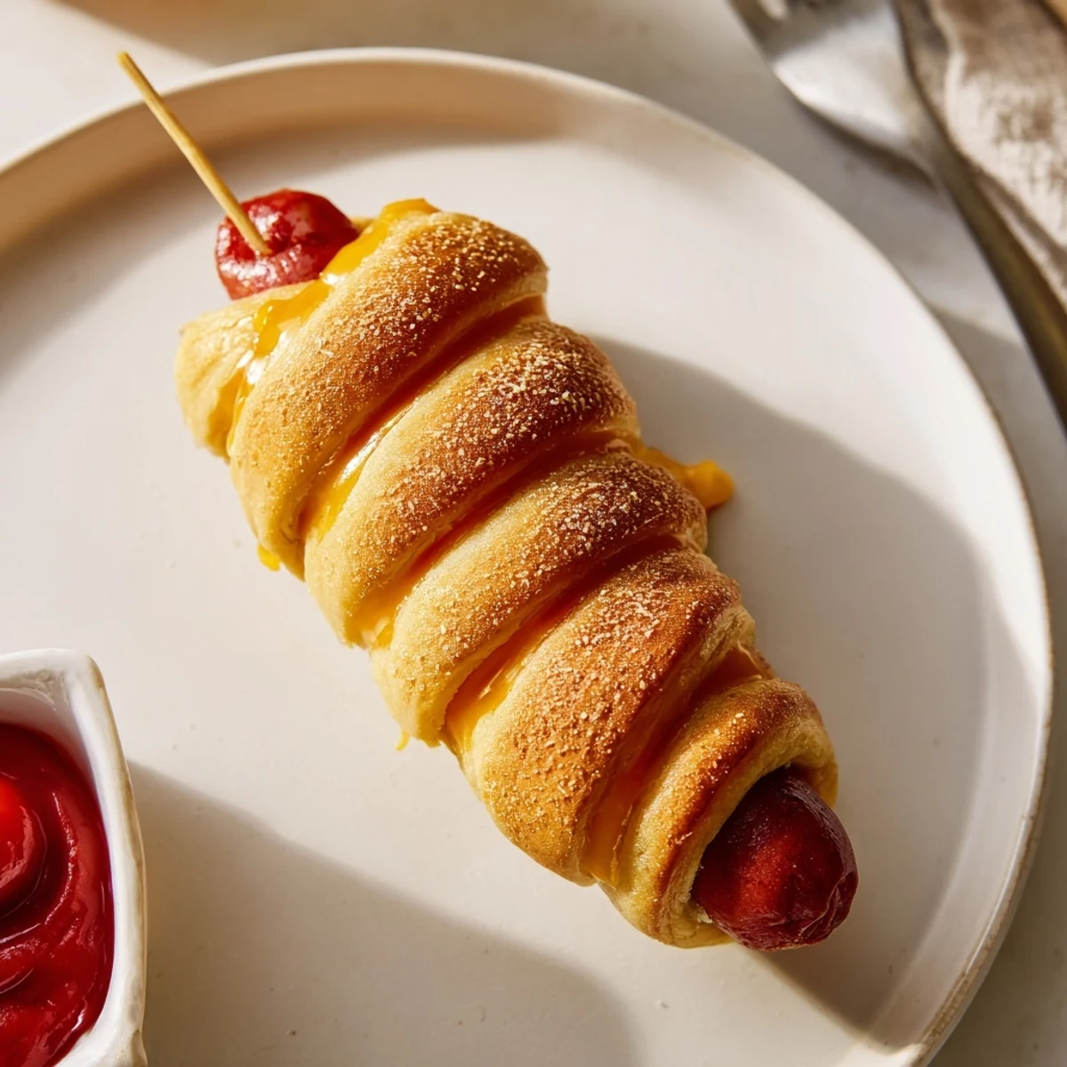 Firecracker Hot Dogs Recipe with skewered, crescent-wrapped hot dogs, golden crust