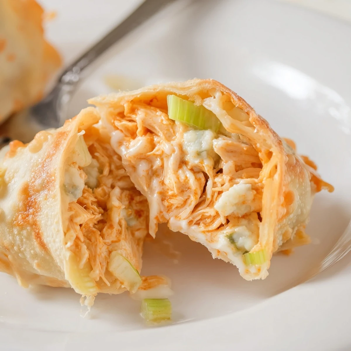 Crispy Buffalo Chicken Egg Rolls Recipe plated with ranch, steam rising
