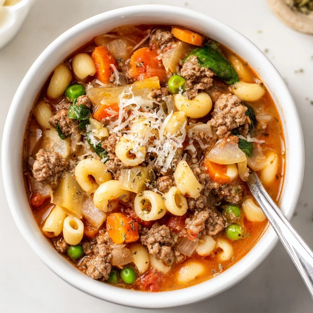 Steaming bowl of Delicious Homemade Ground Beef Pasta Soup Recipe For Comfort
