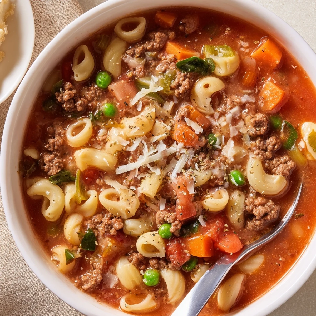 Rich, savory Delicious Homemade Ground Beef Pasta Soup Recipe For Comfort with Parmesan