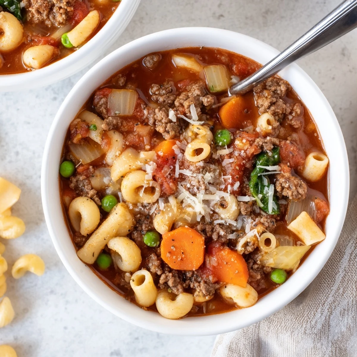 Spoon lifting noodles from Delicious Homemade Ground Beef Pasta Soup Recipe For Comfort