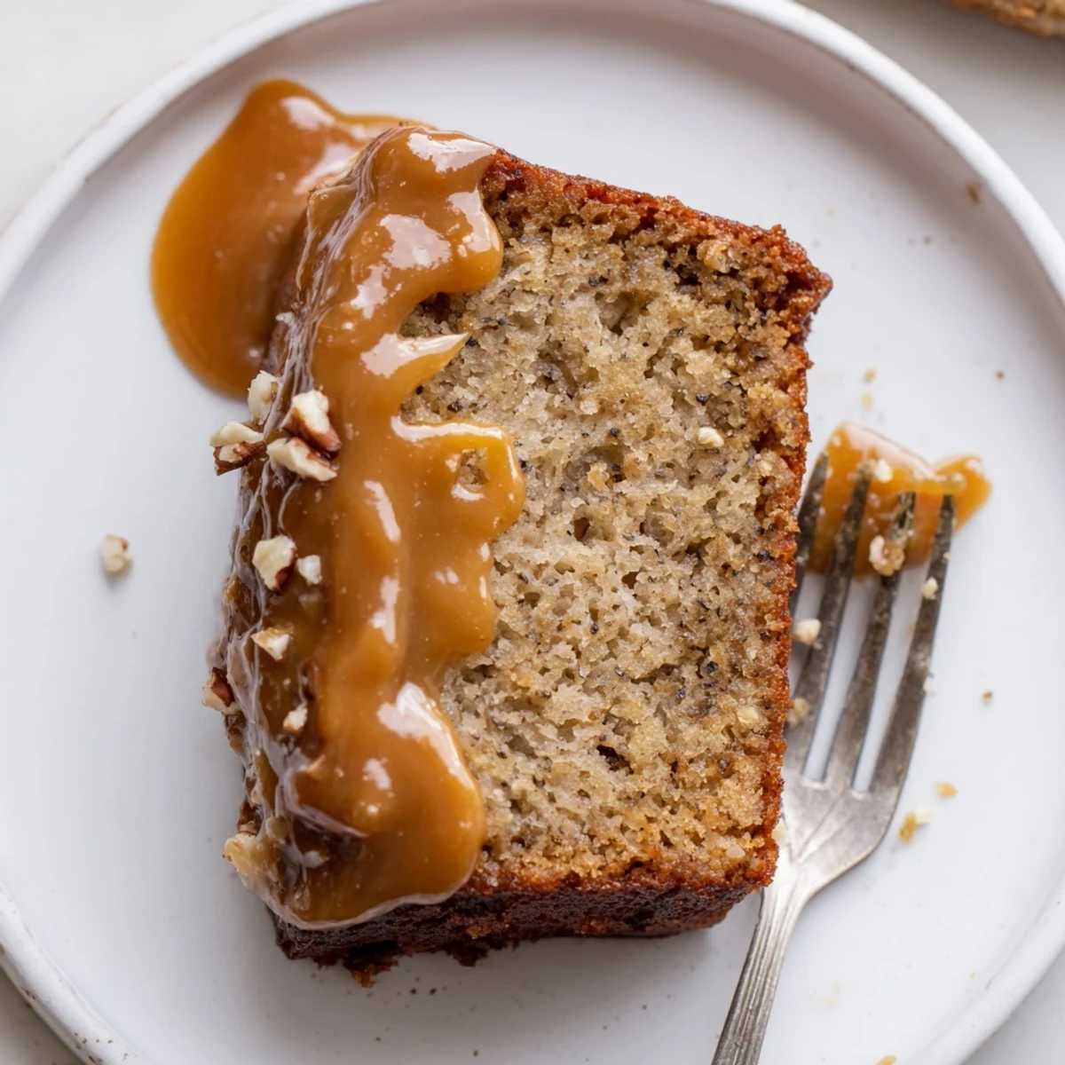 Warm slice of Salted Caramel Brown Butter Banana Cake with melty caramel