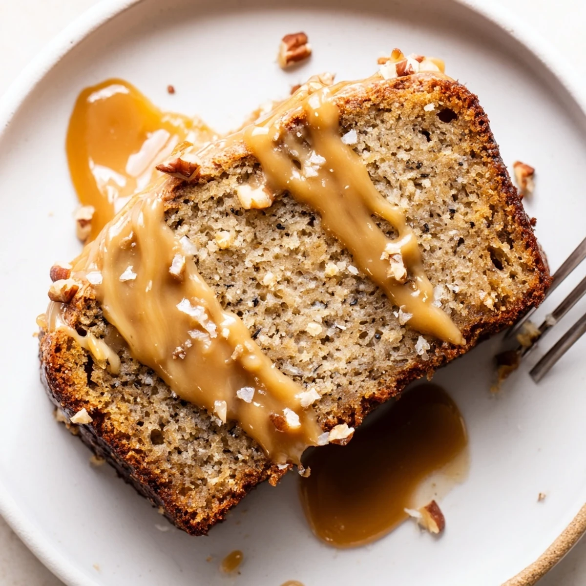 Salted Caramel Brown Butter Banana Cake on rustic plate, sprinkled sea salt