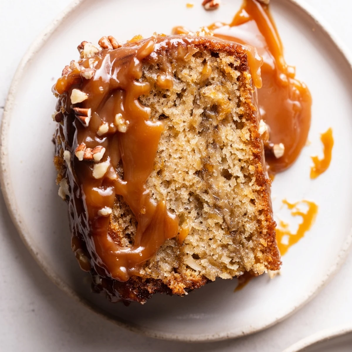 Aerial shot of Salted Caramel Brown Butter Banana Cake with toasted pecan garnish