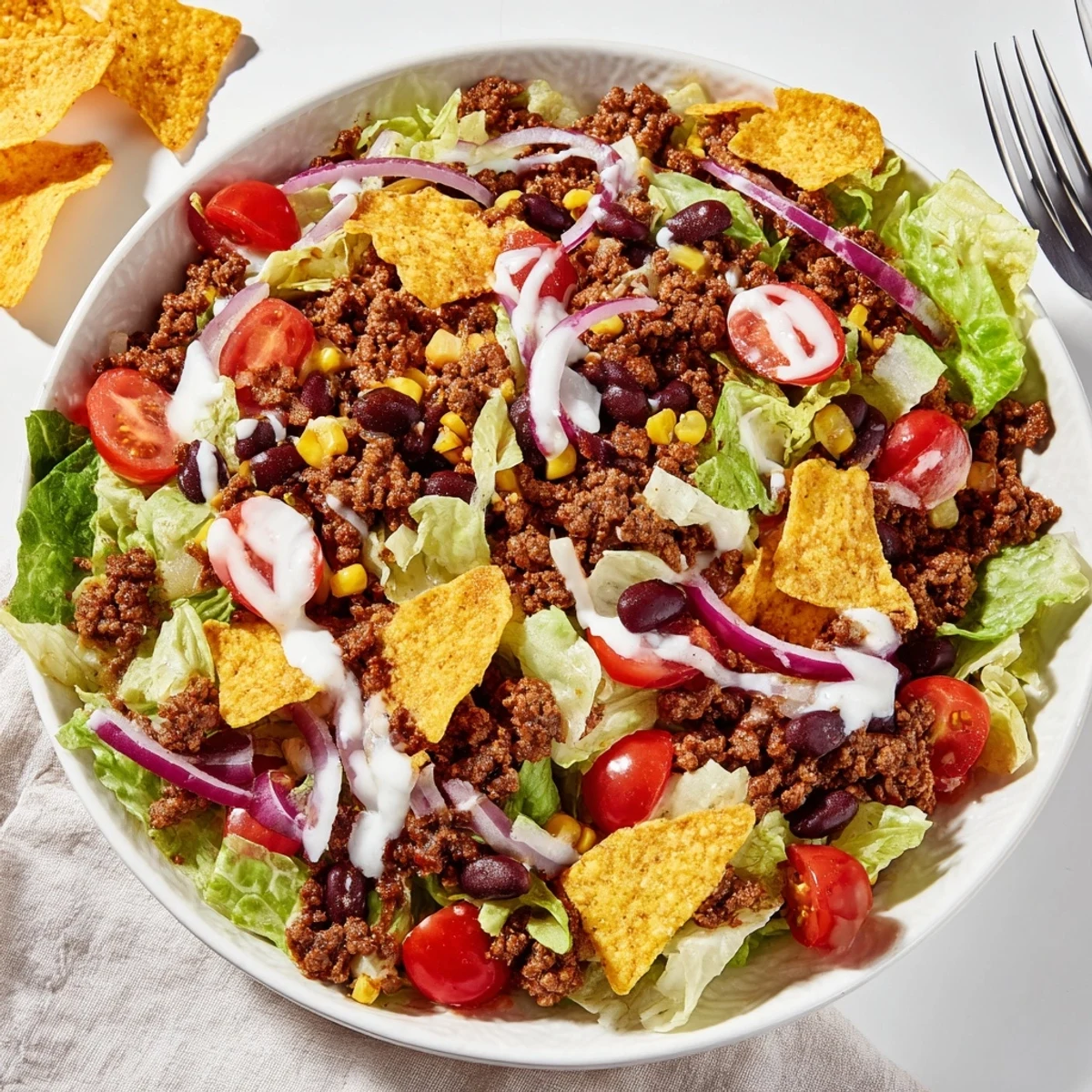 Colorful Simple Doritos Taco Salad featuring crisp romaine, tomatoes, black beans, crunchy chips