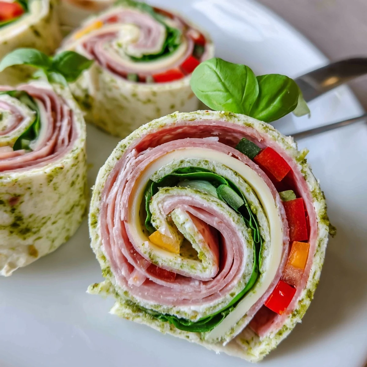 Italian Pinwheel Sandwiches arranged on platter, colorful layers, creamy pesto swirl