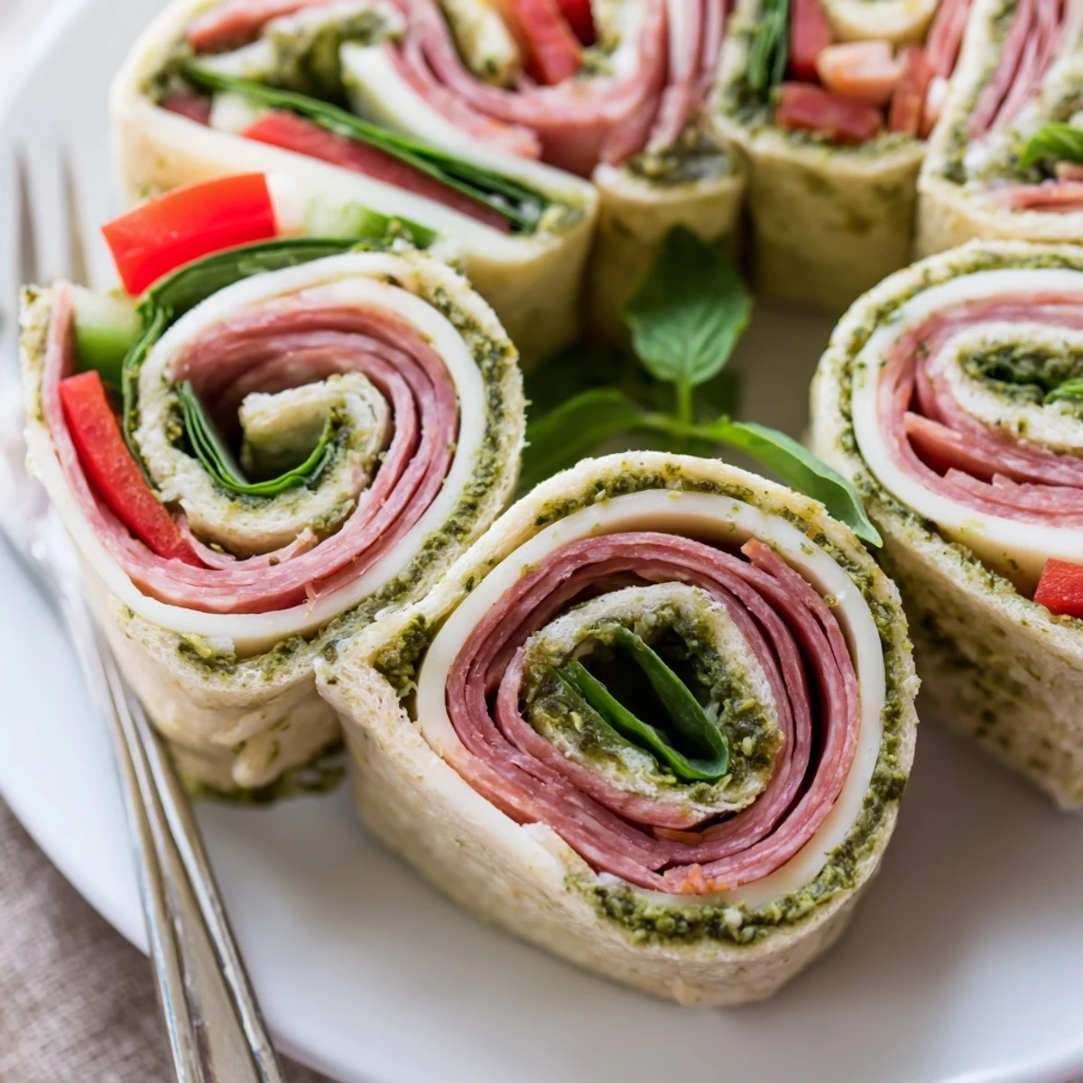 Chilled Italian Pinwheel Sandwiches sliced into bites, salami, provolone, fresh basil