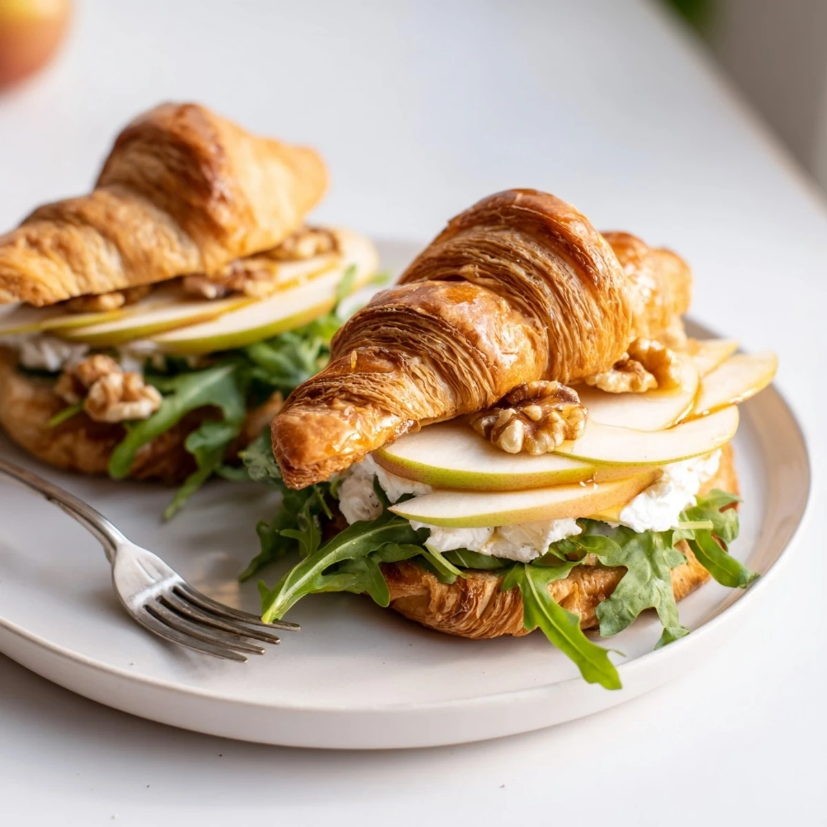 Apple Goat Cheese Croissant Sandwich with creamy spread, crisp apple slices, peppery arugula