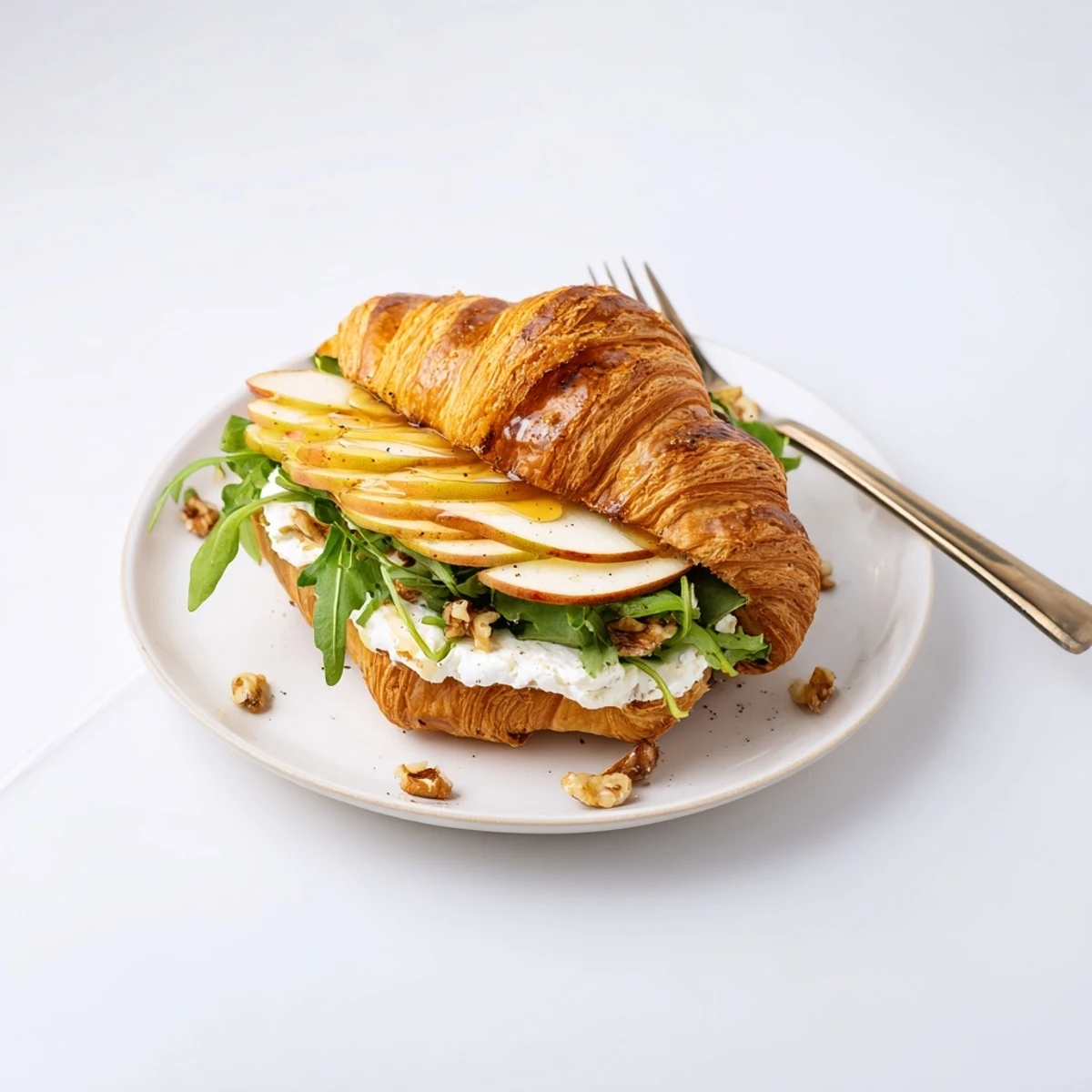 A lightly toasted Apple Goat Cheese Croissant Sandwich served with honey drizzle