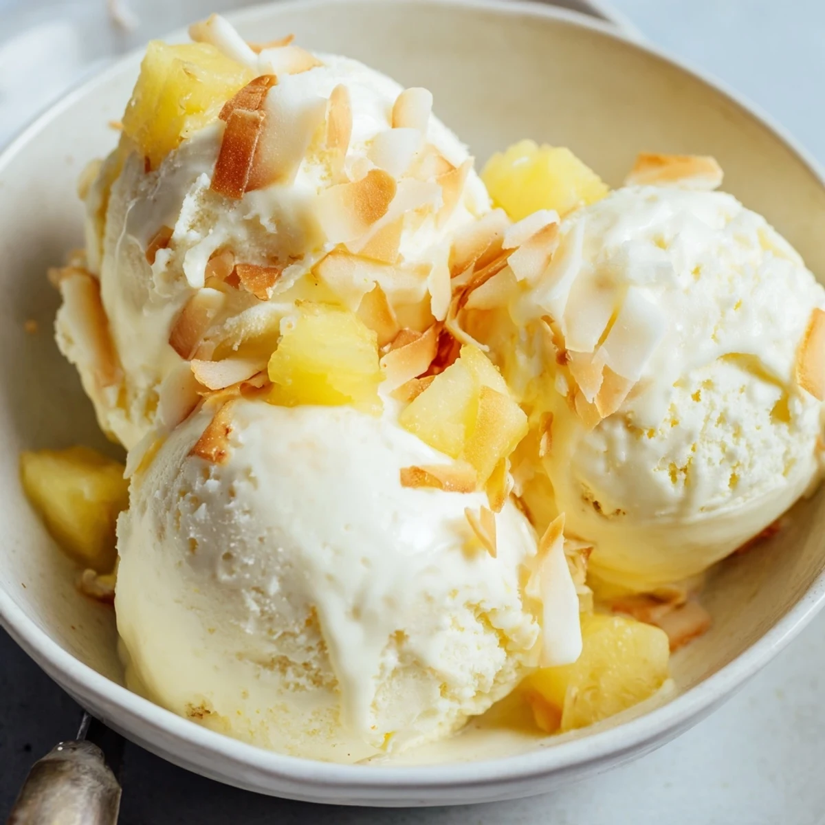 Creamy Pineapple Ice Cream scoops melting slightly, bright tropical aroma, chilled