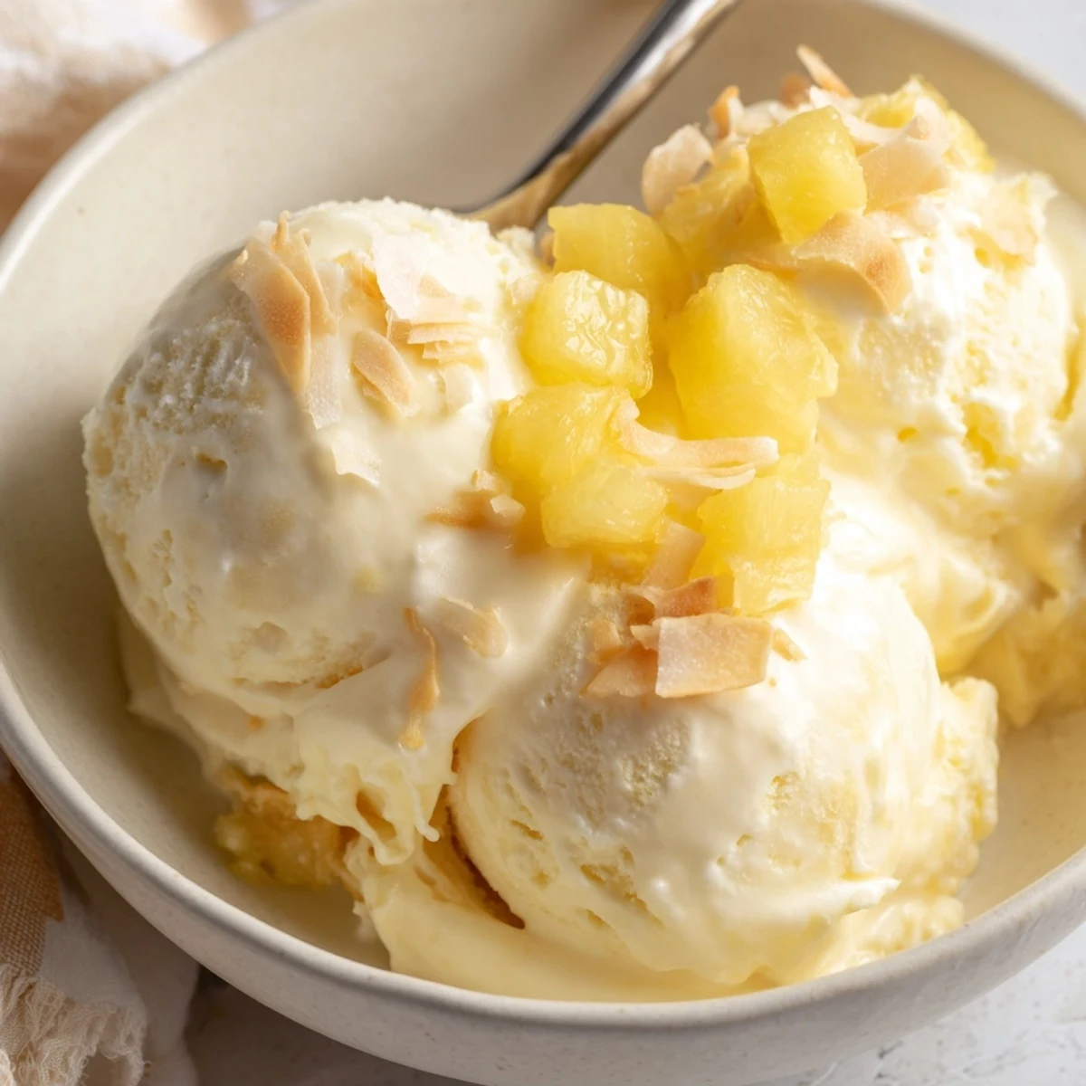 Homemade Creamy Pineapple Ice Cream served in a waffle cone, tangy finish