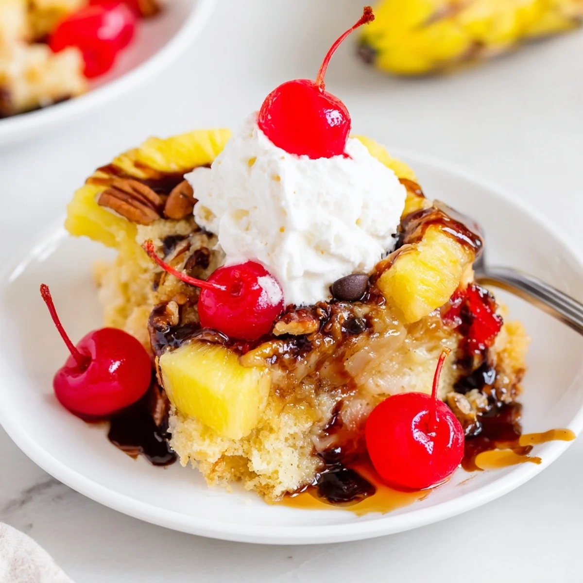Warm Banana Split Dump Cake bubbling in a dish, topped with whipped cream.