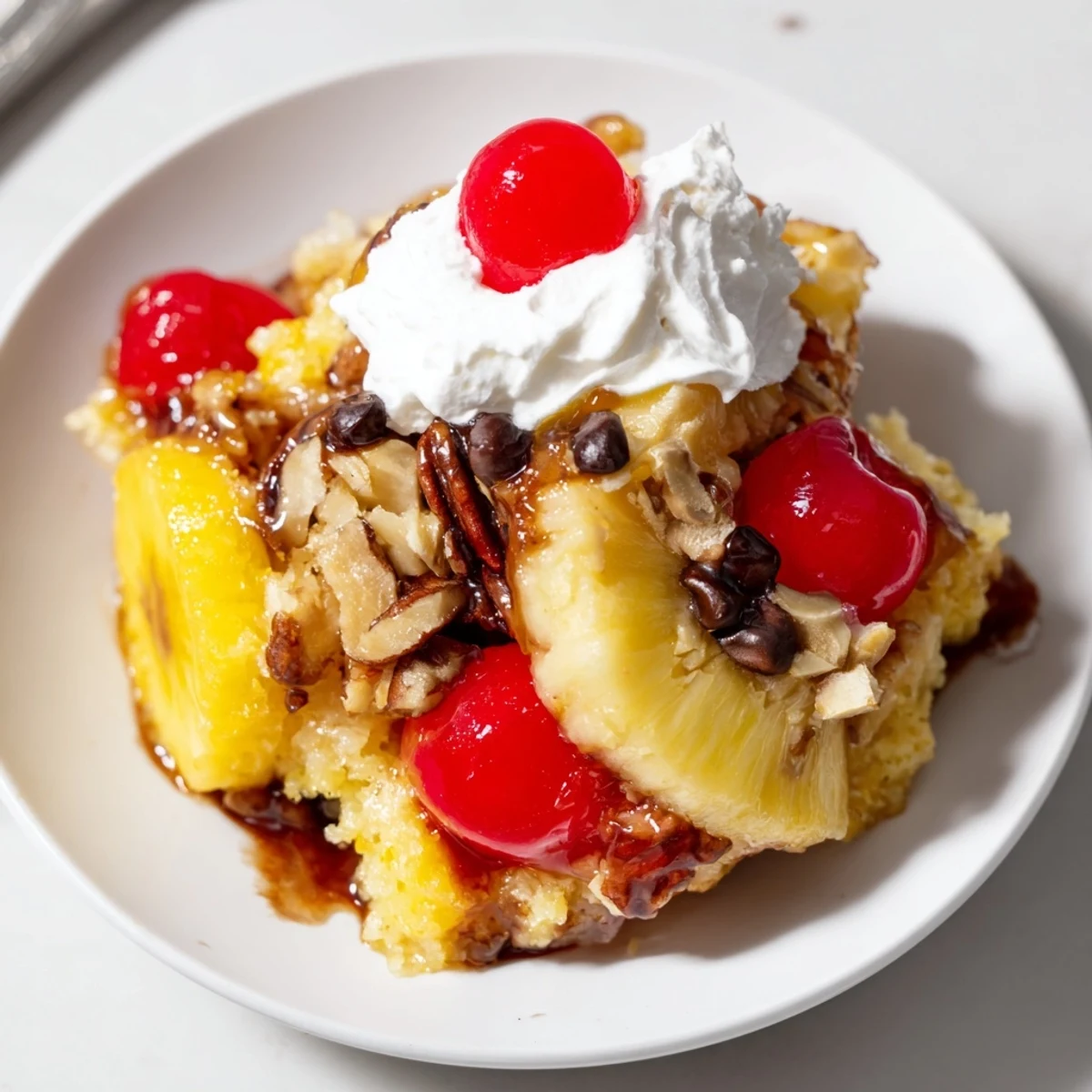 Sliced bananas and cherries peeking from a golden Banana Split Dump Cake.