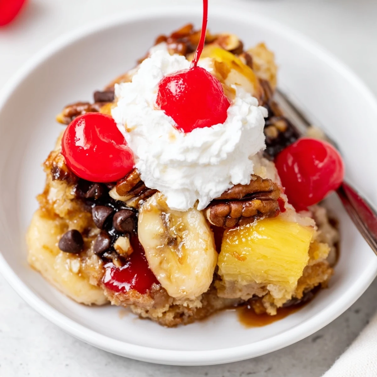 Close-up of gooey layers in Banana Split Dump Cake, garnished with cherries.
