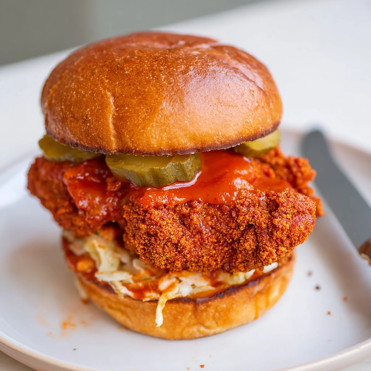 Spicy Nashville Hot Chicken Sandwiches piled with crispy thighs, tangy pickles, creamy slaw