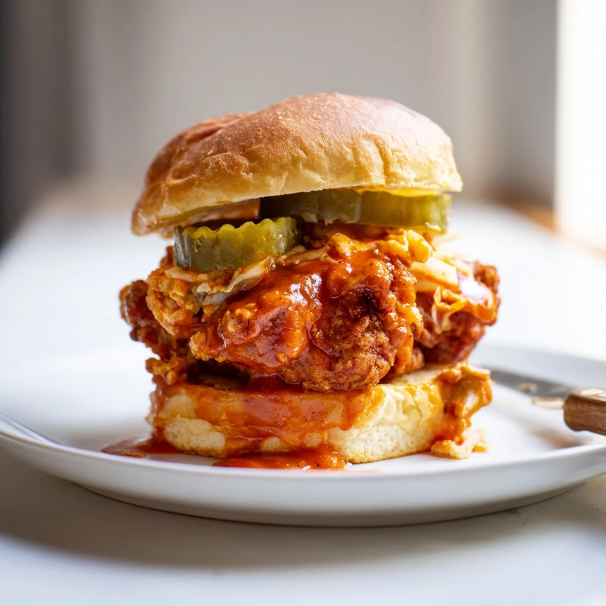 Spicy Nashville Hot Chicken Sandwiches toasted brioche buns, fragrant cayenne oil, soulful Southern heat