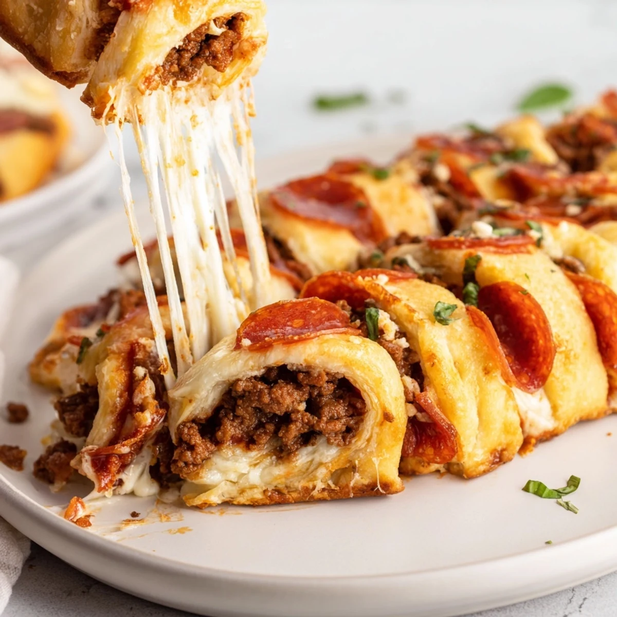 Savory beef and bubbly cheese in Cheesy Beef Pepperoni Pizza Roll Ups Snack Recipe