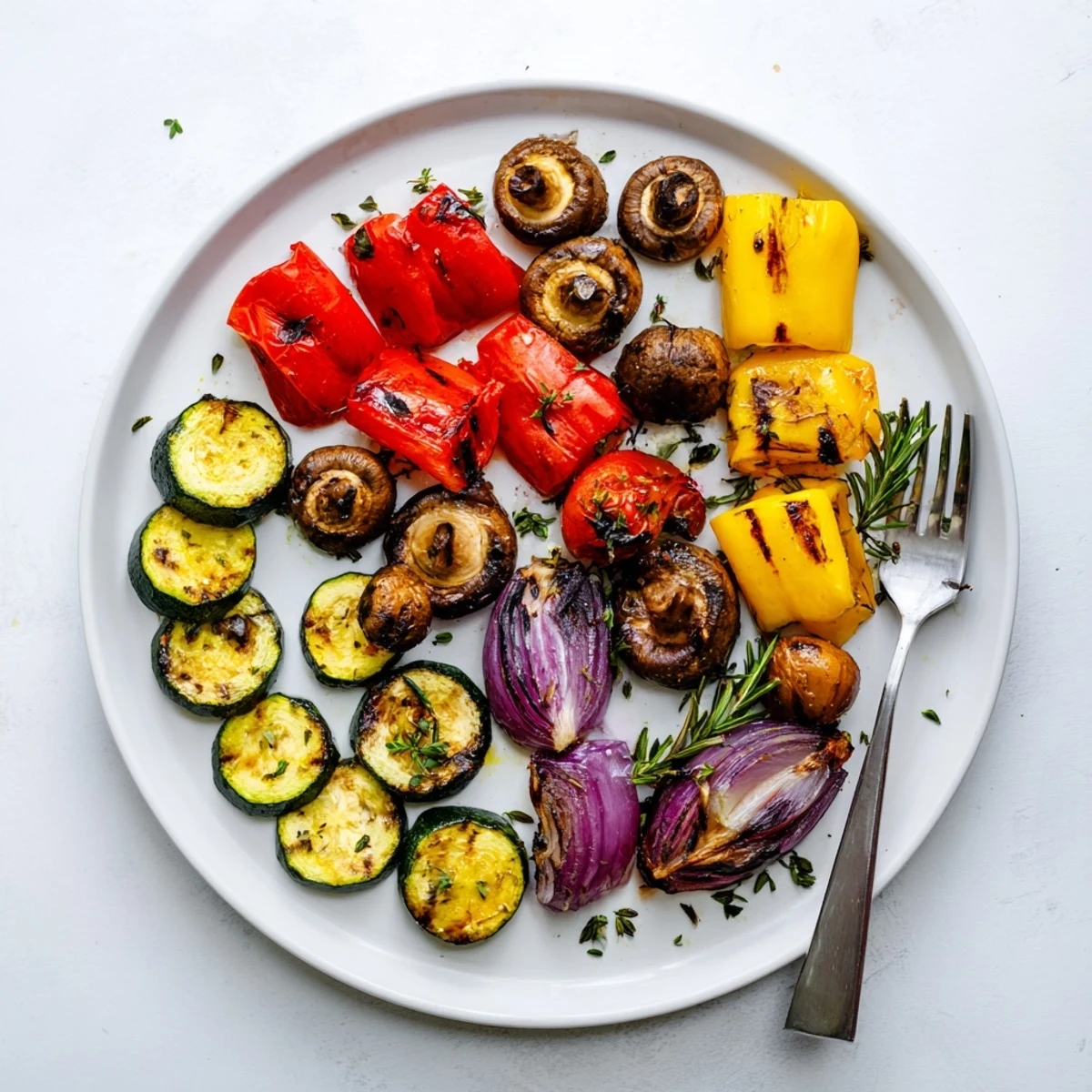 Colorful BBQ grilled vegetables marinated in zesty herbs with char marks on a hot grill